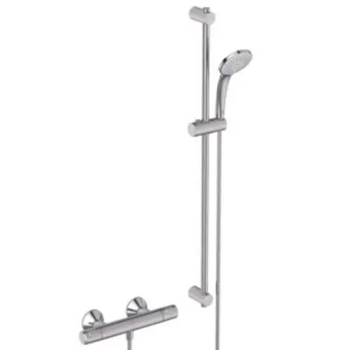 Brausethermostat mit verstellbarem Duschkopf und Halterung. Ideal Standard Produkt in Chrom-Optik, geeignet für die Wandmontage in Nassbereichen.
